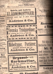 Annonser för Gustaf Leonard Lymans manufakturaffär Andréen & C:o. Norrlandsposten 4/10 1895.