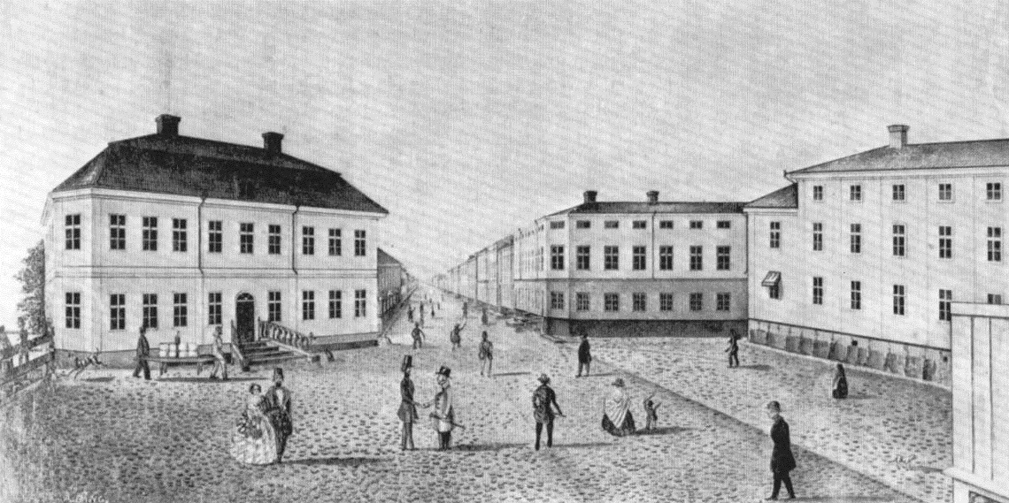 Järntorget med Elfbrinks hus (E) till vänster. Teckning av A. Bång 1843.