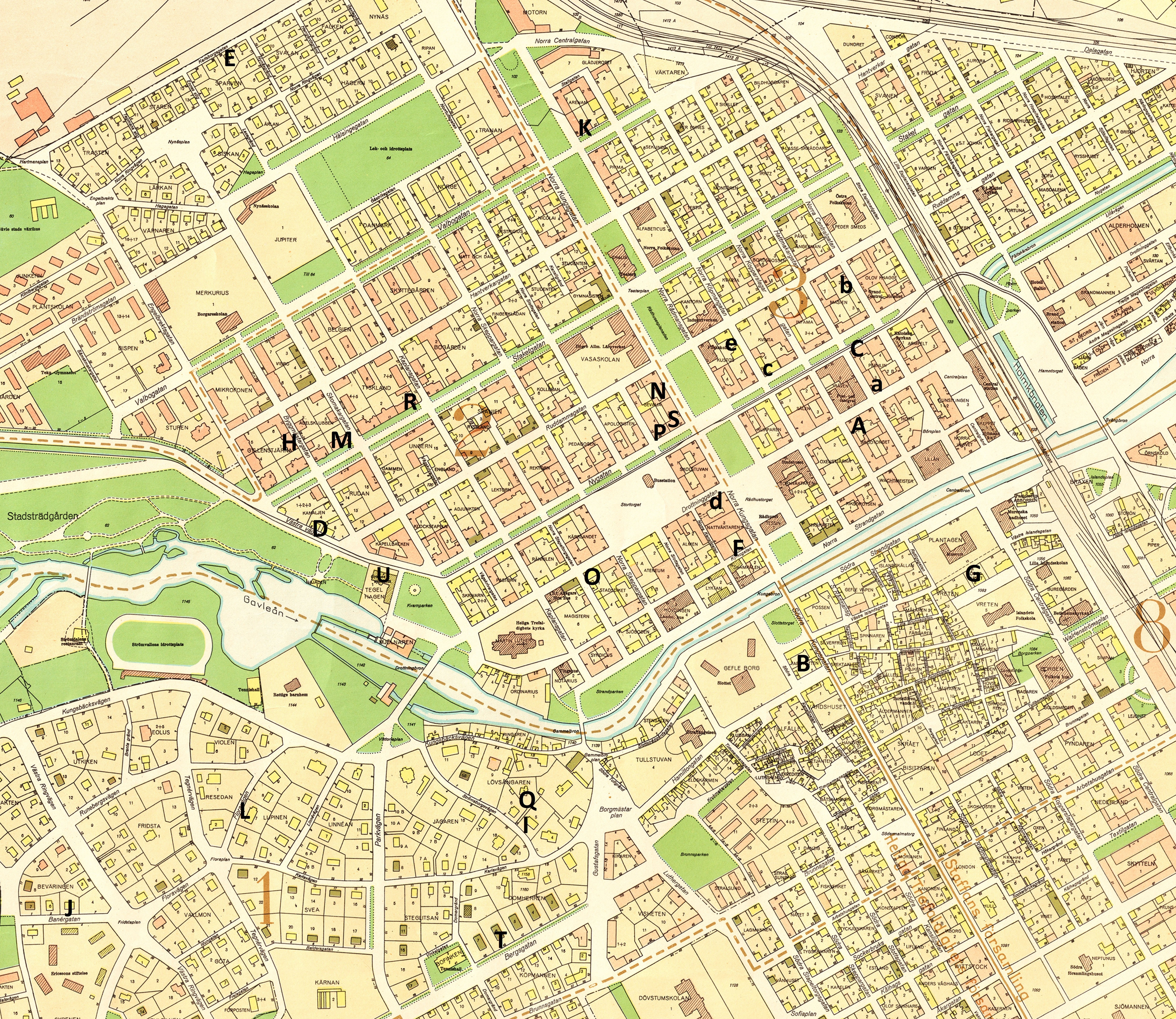 Karta (från 1950) med bostäderna markerade. (Klicka på kartan för att få den större.)