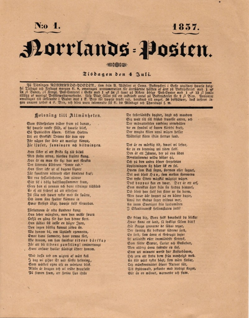 Norrlands-Postens första förstasida, 4/7 1837