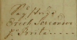 Sågstuga Erich Serrander h. Brita. Lilla Malma husförhörslängd 1736-1742. Den äldsta kända förekomsten av Serrander.