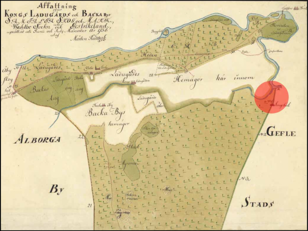 Karta över Vall och Backa 1758 (den röda pricken är modern och visar Kungsbäck).